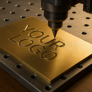 CNC engraving machine precisely detailing a brass sign with logo and text