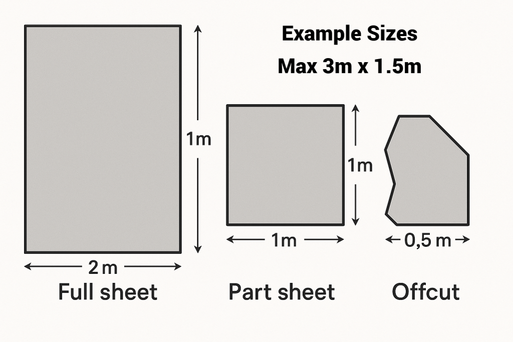 Diagram showing full sheet (2m x 1m), part sheet (1m x 1m), and offcut (0.5m x 0.5m) for sheet metal materials