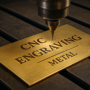 CNC engraving machine detailing a brass plate with precision tooling