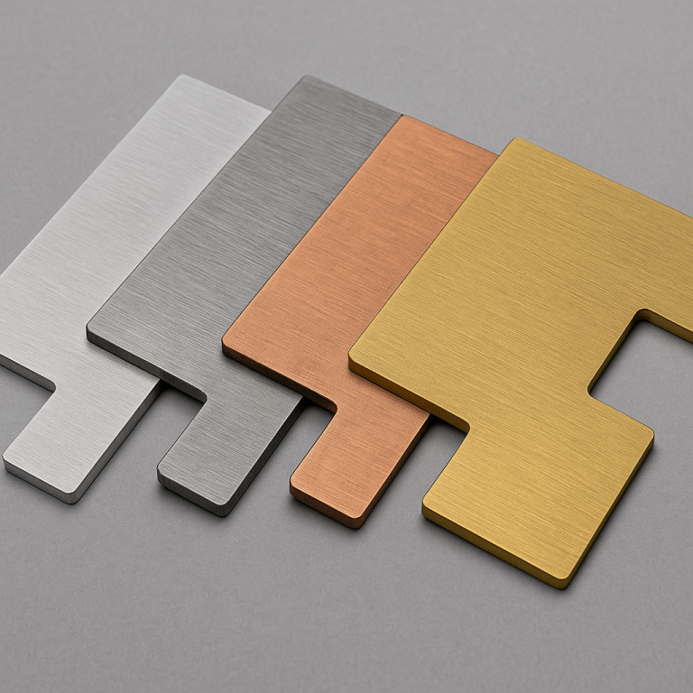 Laser-cut samples of aluminium, stainless steel, copper, and brass sheet
