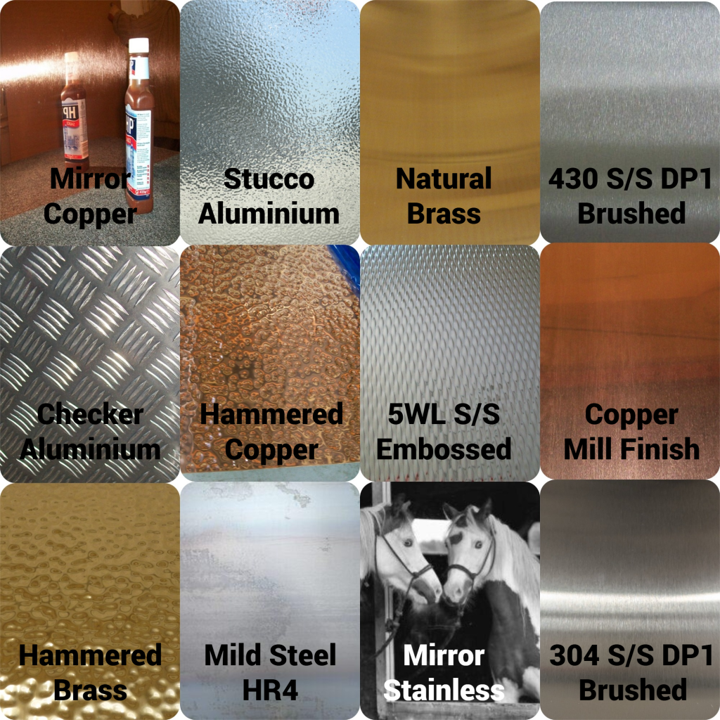 Collage of 12 sheet metal types including mirror copper, stucco aluminium, brushed stainless steel, hammered brass, and checker aluminium — all laser cut at MS Laser Services.