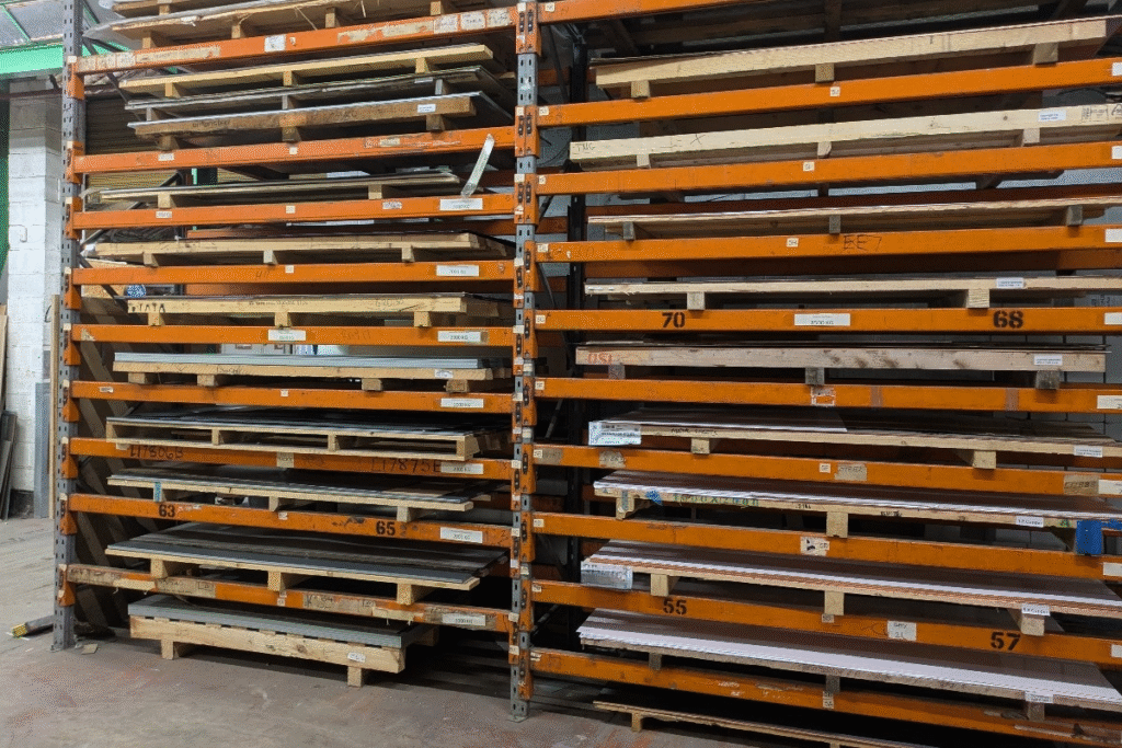 pallet racking with sheet metal stock on pallers