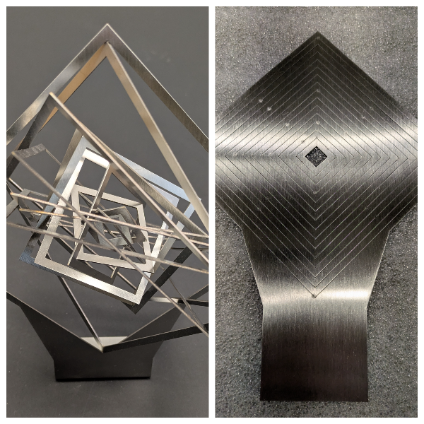 Laser-cut stainless steel prototype showing micro-tabs in 0.9mm brushed sheet, demonstrating thin-gauge precision laser cutting and flat-to-formed component control